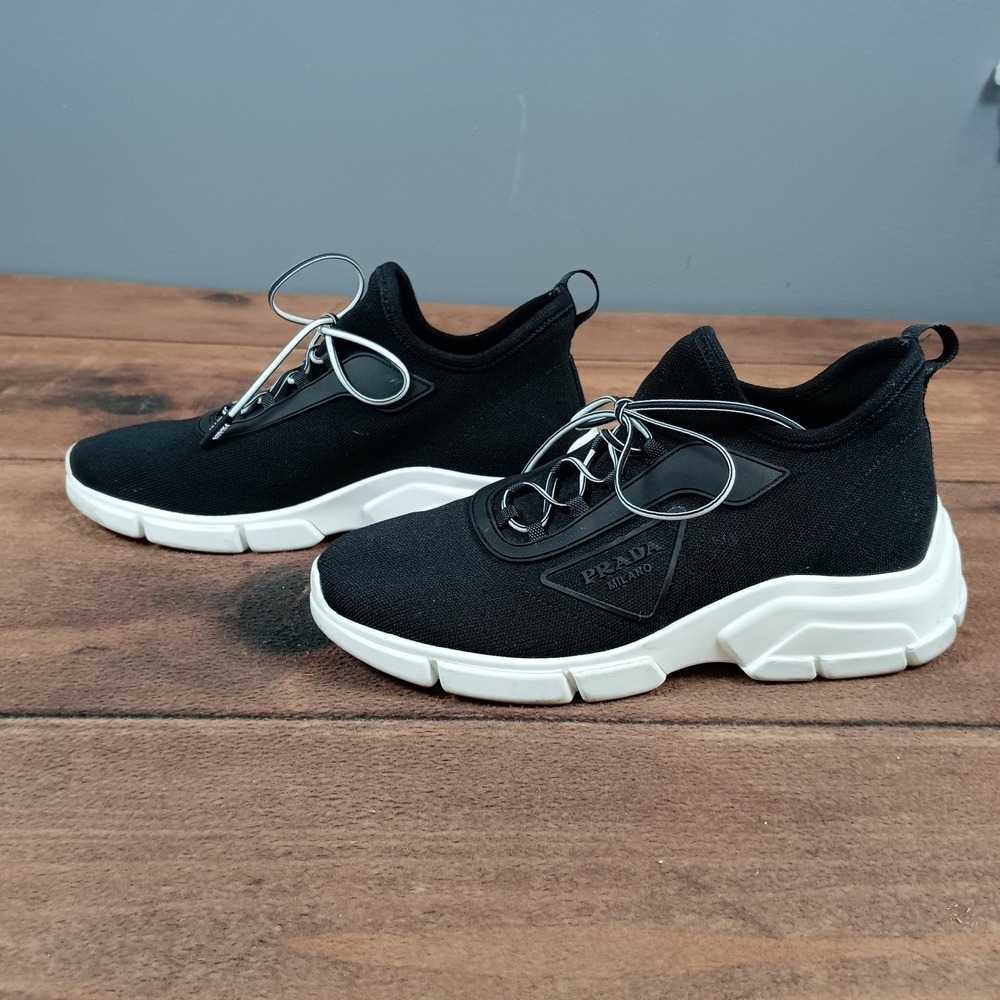 Prada Milano Black Knit Sock Sneakers Chunky White Sole Logo size 37 - Picture 2 of 7